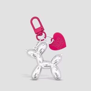 Silver Balloon Dog Keychain with Pink Heart Charm